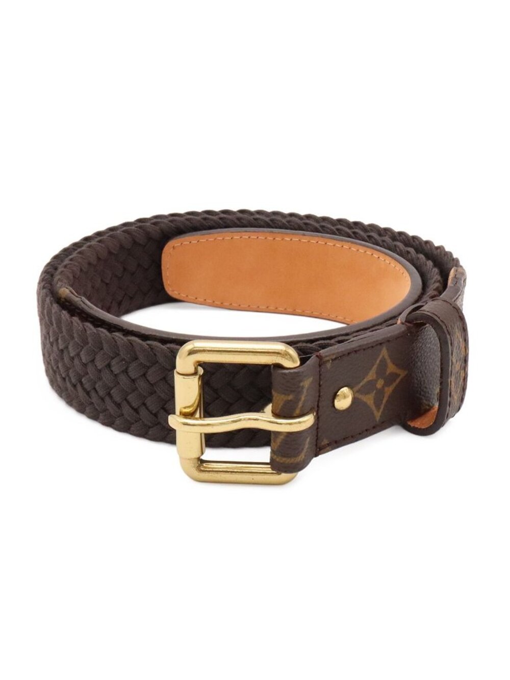 Louis Vuitton Monogram Belt Braided Brown 80 Gold